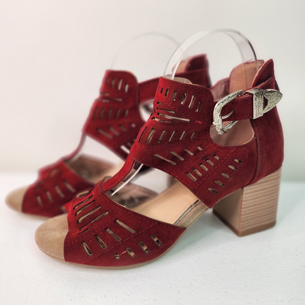 Crimson Red Western Gothic Caged Heels 36 Whimsigoth Faux Suede Buckle Cowgirl